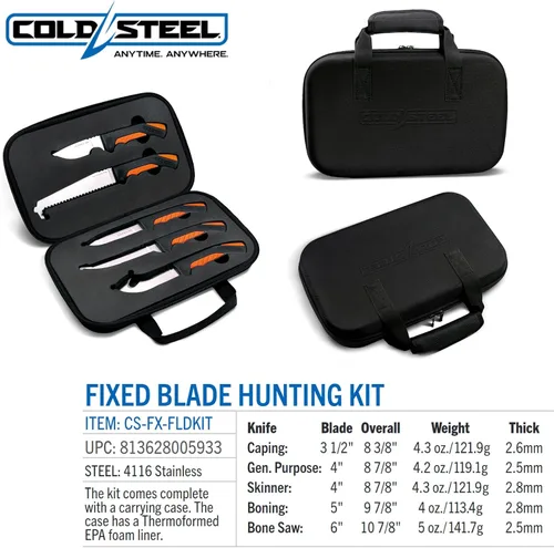 Vista 7 de Cold Steel 5 Fixed Blade Knives Versatile Durable Hunting Kit - Sturdy 4116 SS Blades, Double-Textures Handles, Carrying Case Included