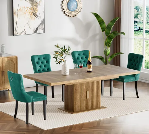 Vista 83 de Juego de mesa de comedor extensible de 5 piezas, juego de mesa de comedor extensible de estilo granja para 4, mesa de cocina expandible de madera