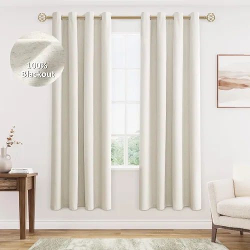 Vista 77 de Beige White Linen Blackout Curtains 90 Length 2 Panels Set for Living Room Bedroom, 100% Black Out Thermal Insulated Linen Drapes, Room Darkening