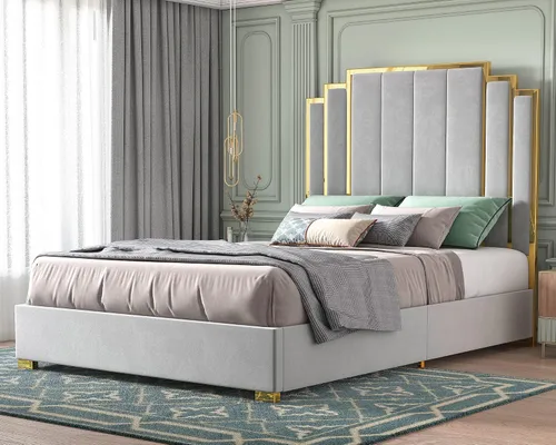 Vista 13 de HOWE Base de cama tapizada tamaño Queen de 61 pulgadas con borde chapado en Negro