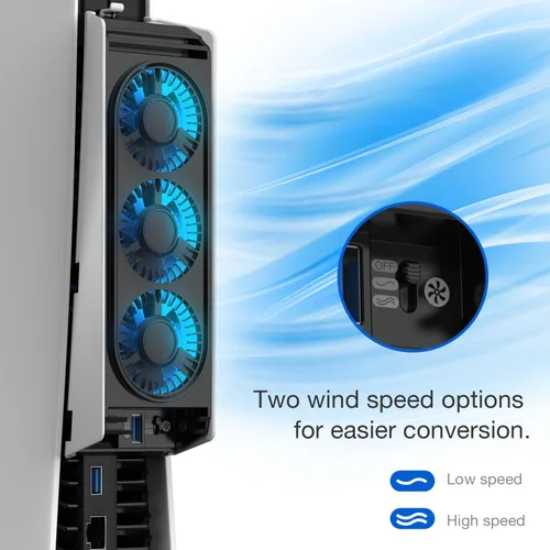 Vista 5 de PS5 Cooling Fan, MEQI PS5 Accessories Upgraded Quiet Cooler Fan with LED Light & USB 3.0 Hubs, Efficient Cooling Station for Playstation 5