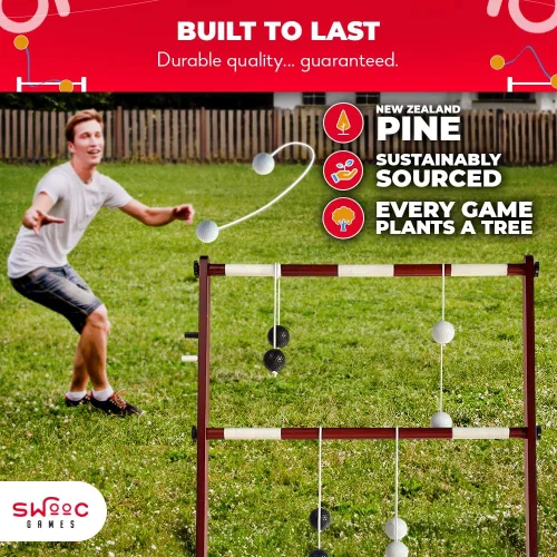 Vista 4 de SWOOC Games® - Juego de pelota de escalera de madera premium (resistente a la intemperie) - con más de 10 juegos y estuche de transporte - Fácil
