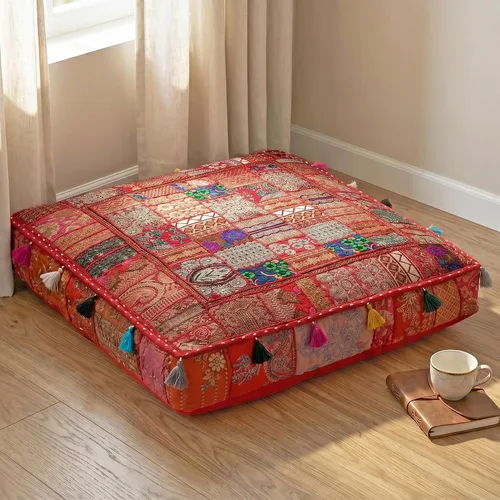 Vista 10 de THE ART BOX Almohadas y fundas de cojín bordadas vintage de retazos de algodón, puf para perro, puf de meditación, ropa de cama para mascotas, cama