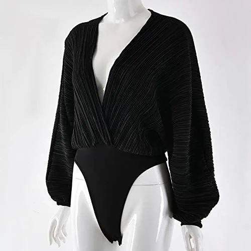 Vista 5 de Weigou - Body o enterizo de manga larga con cuello en V, plisado, holgado, para mujer, camisas de leotardo