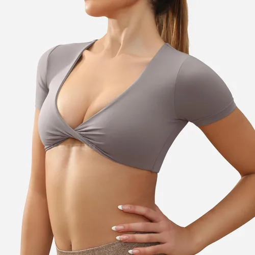 Vista 3 de YEOREO Kyla Workout Crop Tops for Women Short Sleeve Twist Front Crop Tank Top Padded Sports Bra Casual Shirts