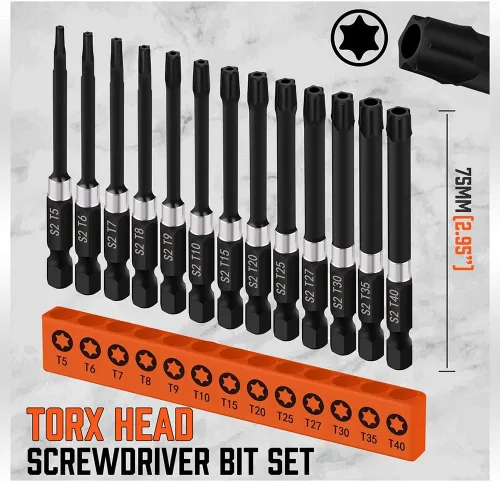 Vista 2 de HORUSDY 13-Piece Security Torx Bit Set, 3” Impact Rated Tamper-Resistant Star Bits, S2 Alloy Steel, 1/4” Hex Shank, T5–T40, Long Power Tool Driver