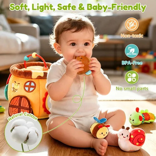 Vista 5 de Juguetes para bebés de 6 a 12 meses, tarro de miel sorpresa con animales de peluche sensoriales, sonajero, crujiente, espejo, juguetes Montessori