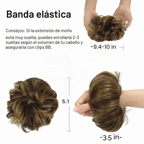 Vista 3 de FESHFEN - Extensiones de moño desordenado humano 100% cabello real, piezas de cabello rizado, extensiones de cola de caballo, cabello ondulado