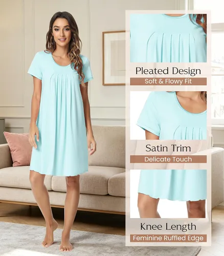 Vista 5 de NACHILA Nightgowns for Women-Viscose Made from Bamboo, Pleated Sleepwear. A-aqua Green