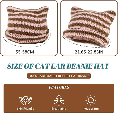 Vista 7 de Gorro de gato, gorro de oreja de gato, gorro holgado para mujer, gótico hecho a mano con ganchillo y 3 pinzas de pelo de estrella