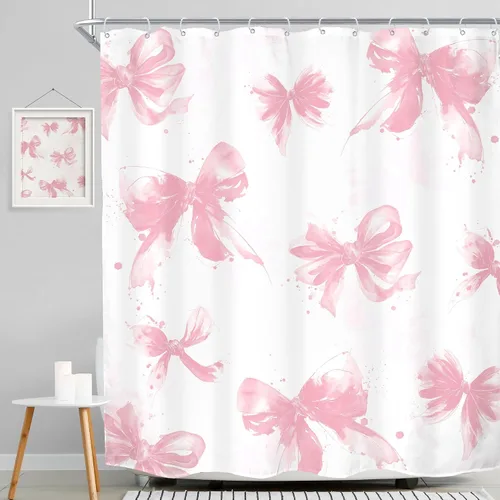 Vista 2 de MESHELLY Cortina de ducha con lazo rosa 72Wx72H Beige Femenino Lindo para B-rosa Blanco