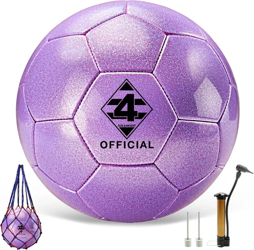 Vista 8 de Balón de fútbol rosa morado con purpurina, tamaño 3, 4, 5 con bomba y bolsa de aguja/malla, kit de pelota de fútbol de poliuretano Sofu