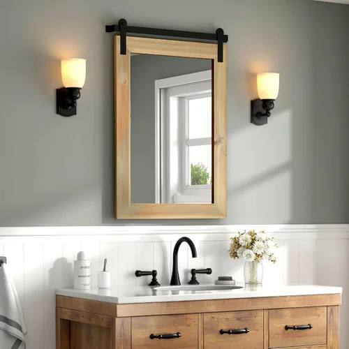 Vista 40 de COGOOD Espejo de puerta de granero de granja, 25 x 18 pulgadas, espejo decrativo con marco de madera rústica para baño, sala de estar, decoración