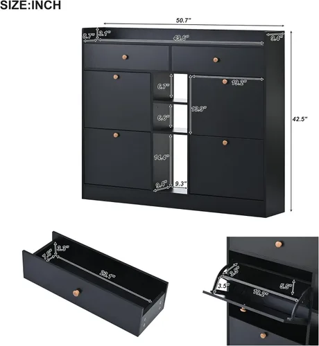 Vista 2 de SSLine Zapatero bohemio de 4 puertas con 2 cajones, zapatero independiente, moderno organizador de almacenamiento de zapatos de madera negra