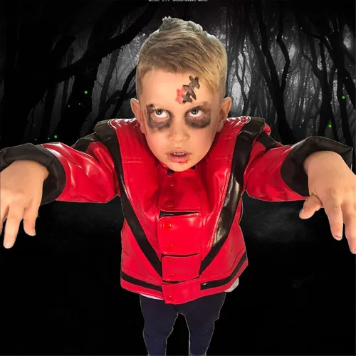 Vista 3 de Michael Punk - Chaqueta para niños, chaqueta para niños, disfraz de regalo para fiesta de perfromance zombi, imitación cumpleaños (rojo, 5T), Rojo