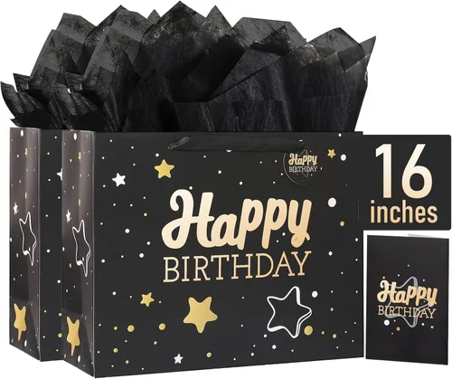 Vista 45 de Powbrace Bolsa de regalo de cumpleaños número 30 negra de 13 pulgadas con papel de seda y tarjeta de felicitación para fiestas, bolsa de regalo
