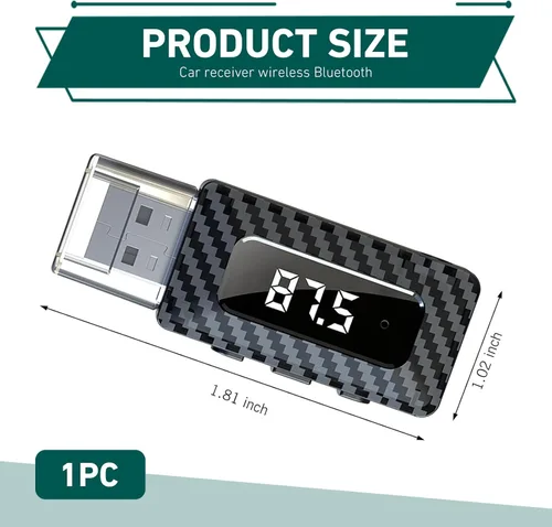 Vista 2 de Receptor USB Bluetooth para automóvil, receptor de audio Bluetooth 5.3, adaptador USB de 0.138 in, adaptador de audio ajustable con pantalla LED