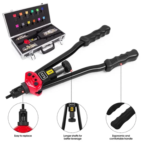 Vista 3 de RZX Kit de herramientas de tuerca de remache de 16 pulgadas que ahorra mano de obra, fijador de tuerca remachable de doble palanca con 12 mandriles