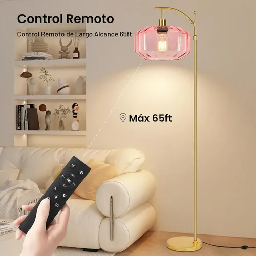 Vista 7 de Lámparas de pie doradas para sala de estar, dormitorio, lámpara de pie de cristal con control remoto y pantalla rosa, lámpara de pie regulable