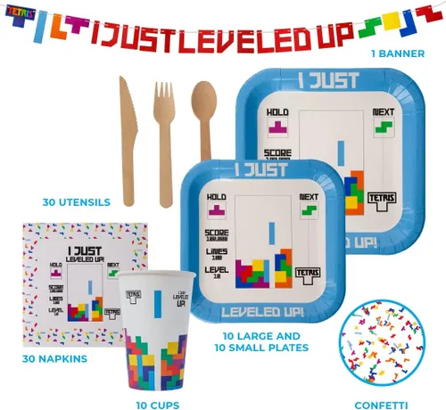 Vista 2 de Tetris - Kit de fiesta en caja – Celebración, fiesta de cumpleaños, niños pequeños – 100 piezas – Videojugador – Retro – Suministros de fiesta