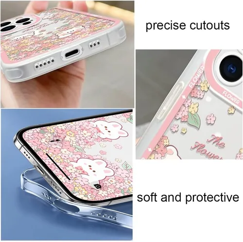 Vista 5 de Funda protectora de TPU suave con diseño de oso Kawaii con diseño floral rosa para iPhone 14
