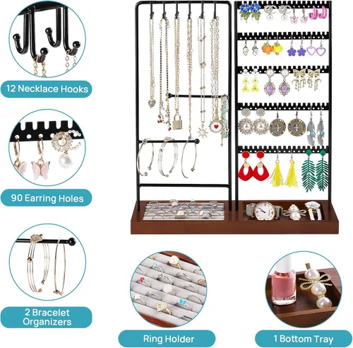 Vista 2 de Vtopmart Soporte organizador de joyas para aretes, collares, anillos, pulseras, exhibición y almacenamiento, con 90 agujeros, 12 ganchos, negro +