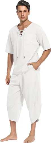 Vista 3 de Babioboa Conjunto de 2 piezas de lino para hombre, camisa hippie de manga corta y pantalones capri harén holgados para playa, pantalones de yoga