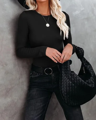 Vista 3 de VICHYIE Ropa de otoño para mujer, cuello redondo, acanalada, manga larga, ajustada, camiseta básica casual