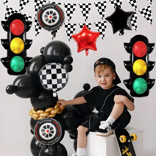 Vista 3 de Globos de carreras para decoración de fiesta de cumpleaños, globos de semáforo de 32 pulgadas, pancarta a cuadros, globos de neumáticos