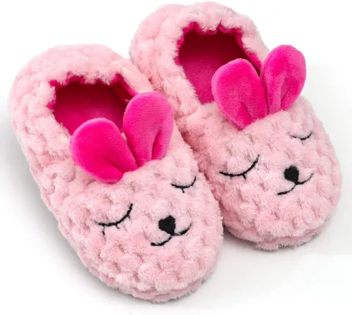 Vista 2 de DADAWEN Pantuflas de felpa suave para niños y niñas pequeños con dibujos animados, zapatos cálidos para casa