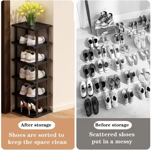 Vista 4 de Zapatero vertical – Organizador de zapatos alto y estrecho para espacios pequeños, estante de bambú de 5 niveles para entrada, armario, esquina