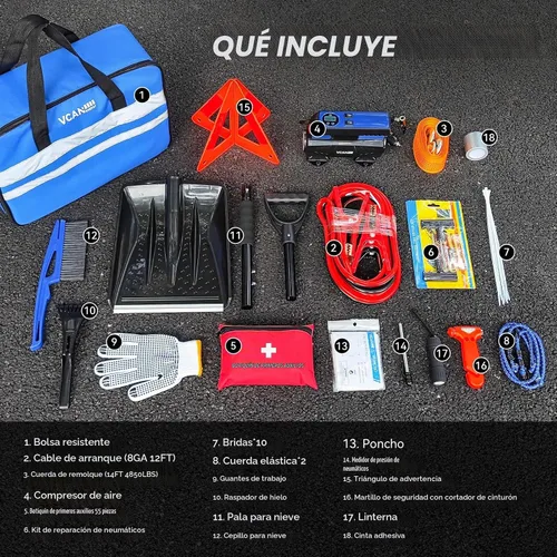 Vista 2 de Bolsa de seguridad de emergencia para automóvil con compresor de aire digital, cables de puente, kit de primeros auxilios, kit de seguridad