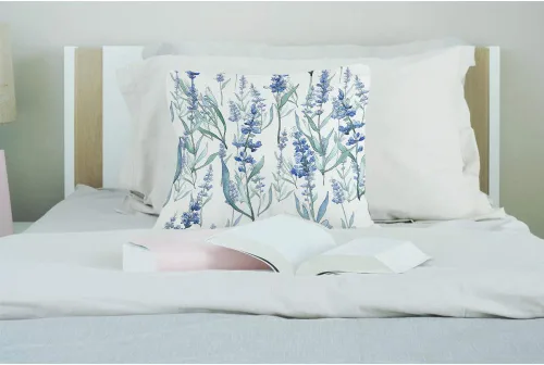 Vista 3 de EKOBLA Funda de cojín cuadrada de color lavanda, diseño floral azul, flores silvestres, flores románticas, hojas naturales, para hombres, mujeres