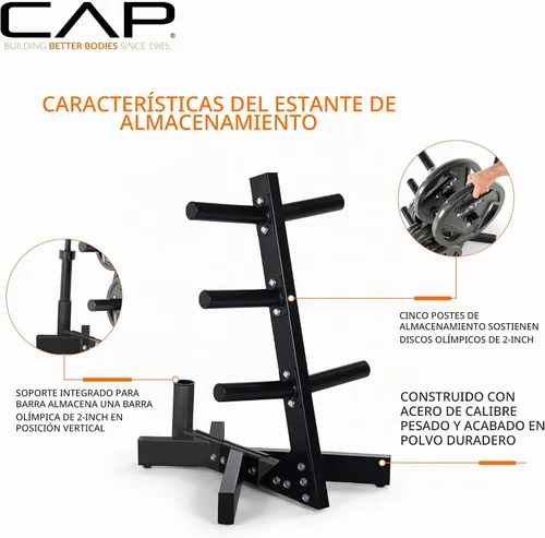 Vista 3 de Cap Olympic - Estante de almacenamiento para árbol de placas para pesas y pesas, organizador de placas de peso de acero resistente para placas Negro