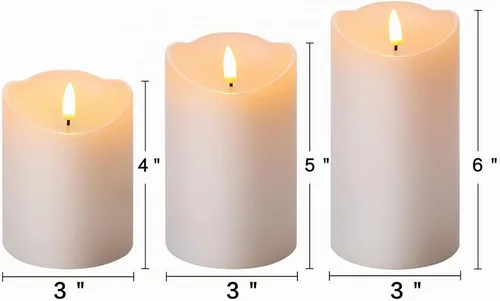 Vista 2 de Eywamage Velas de Pilar Blancas Sin Llama con Control Remoto, Velas de Cera LED Realistas Parpadeantes Alimentadas por Batería, Φ 3" H 4" 5" 6