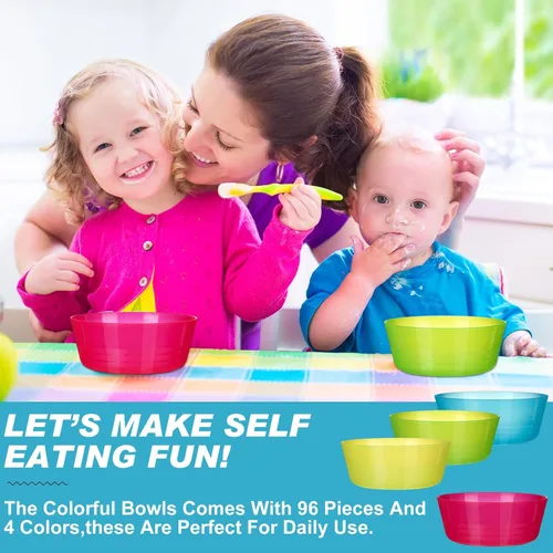 Vista 5 de Dandat 96 cuencos de plástico para niños de 14 onzas de colores brillantes, cuencos pequeños de cereales aptos para lavavajillas, microondas