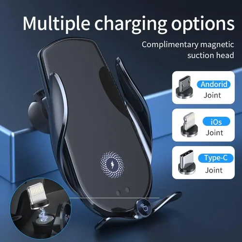 Vista 2 de Cargador inalámbrico M3 negro con sensor automático para ventilación de aire para coche, soporte para teléfono de 15 W, carga rápida, iOS Android