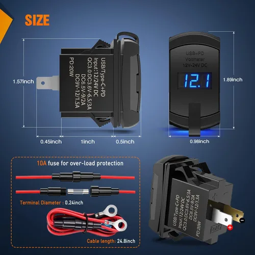 Vista 2 de Nilight Interruptor de palanca con salida USB estilo LED voltímetro conector rápido 12V PD tipo C y USB QC 3.0 para automóviles, reemplazo