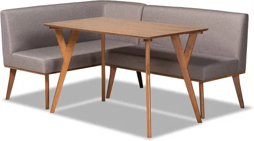 Vista 9 de Baxton Studio Odessa - Banco de comedor tapizado de tela gris y acabado marrón nogal, banco de comedor de madera