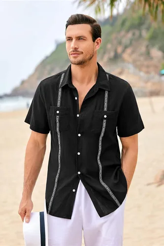 Vista 3 de Camisa de guayabera cubana para hombre, de algodón, lino, manga corta, informal, hippie, con botones, con bolsillo