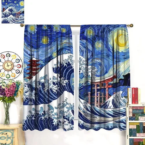 Vista 3 de Cortinas opacas con bolsillo para barra de arte asiático japonés para dormitorio, diseño de anime azul, océano, fantasía, cielo estrellado, Torii