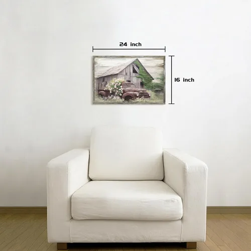 Vista 2 de Arte de pared de madera enmarcada de granja: arte de camión viejo rústico pintura de madera de granero para dormitorio