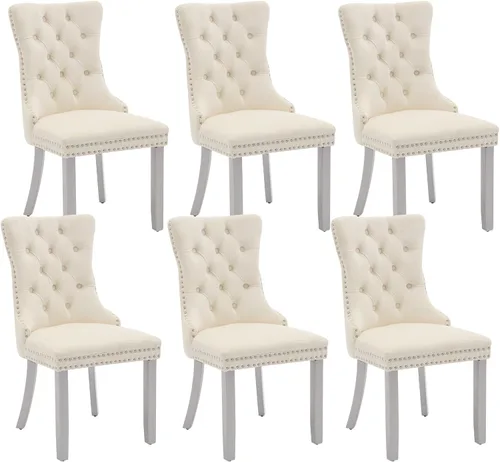 Vista 21 de Juego de 2 sillas de comedor de terciopelo beige, modernas sillas de cocina tapizadas