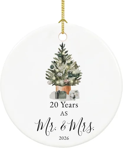 Vista 13 de Adorno de primer aniversario para parejas, recuerdo de boda para 1 año como Sr. y Sra., adorno de Navidad de cerámica con cinta y caja
