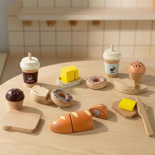 Vista 3 de PairPear - Juego de juguetes de panadería de madera, accesorios de cocina de alimentos de simulación para niños con bolsa de compras, juguetes