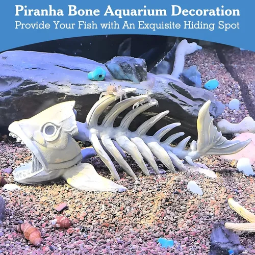 Vista 5 de kathson Decoraciones de pecera de resina, esqueleto de piraña, decoración de acuario, accesorios de tanque de reptiles, adorno de hueso de pescado