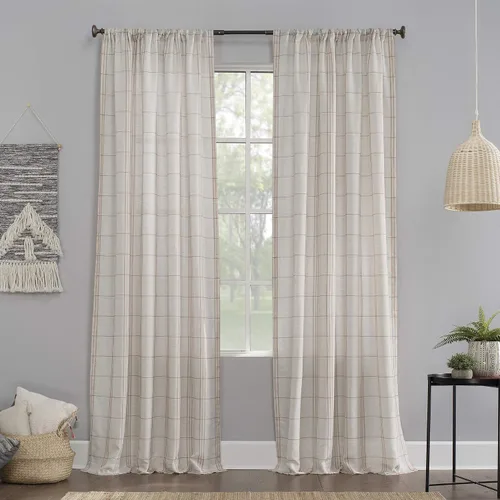 Vista 7 de No. 918 Castille Farmhouse Plaid Linen Semi-Sheer Rod Pocket Curtain Panel, 54" x 63", Blue/Linen