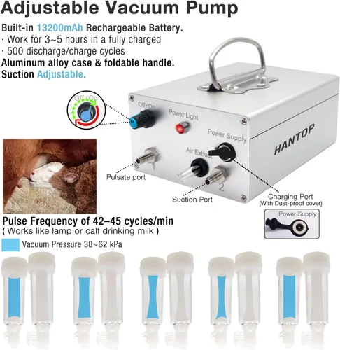 Vista 2 de Máquina de ordeño de vaca de 12L, bomba de vacío pulsante ajustable de velocidad recargable, cubo de leche de acero inoxidable 304 con válvula