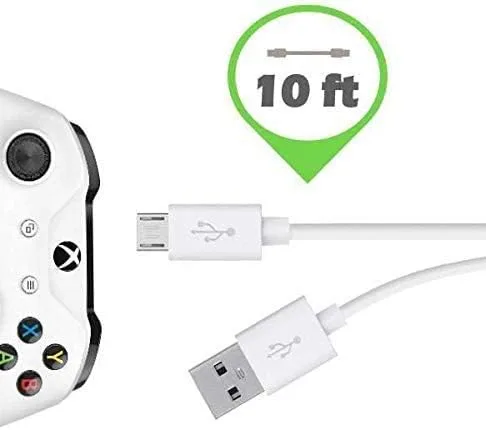 Vista 3 de Cable de carga micro USB de repuesto largo 10 pies para Xbox One y Playstation PS4 inalámbrico blanco