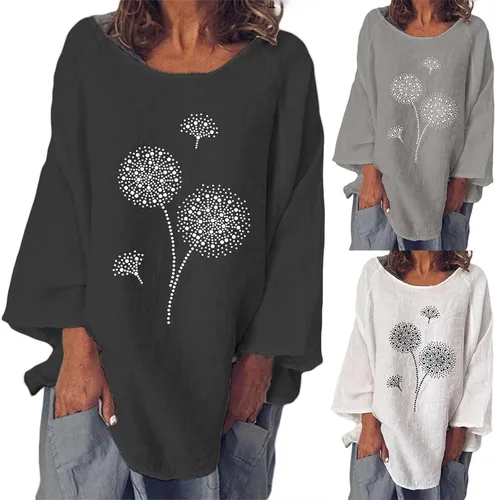 Vista 2 de SERYU Camiseta de algodón y lino para mujer, estilo casual, holgada, con estampado de túnica de manga larga, cuello redondo